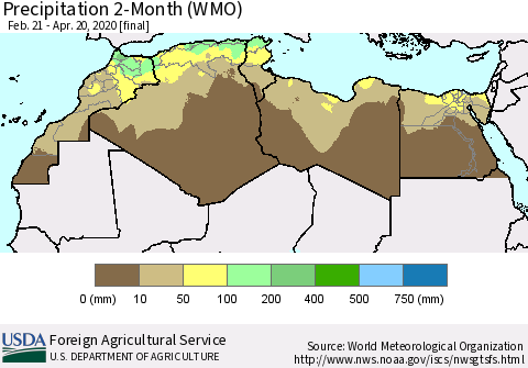 North Africa Precipitation 2-Month (WMO) Thematic Map For 2/21/2020 - 4/20/2020