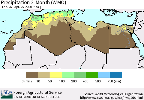 North Africa Precipitation 2-Month (WMO) Thematic Map For 2/26/2020 - 4/25/2020