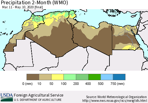 North Africa Precipitation 2-Month (WMO) Thematic Map For 3/11/2020 - 5/10/2020