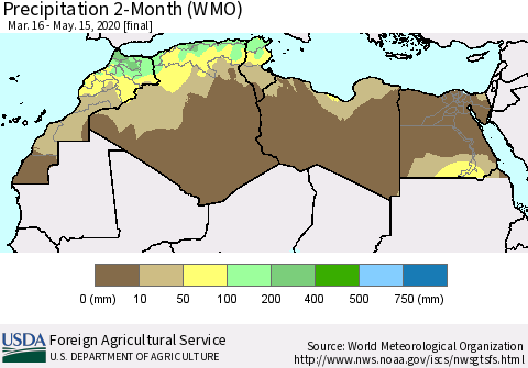 North Africa Precipitation 2-Month (WMO) Thematic Map For 3/16/2020 - 5/15/2020