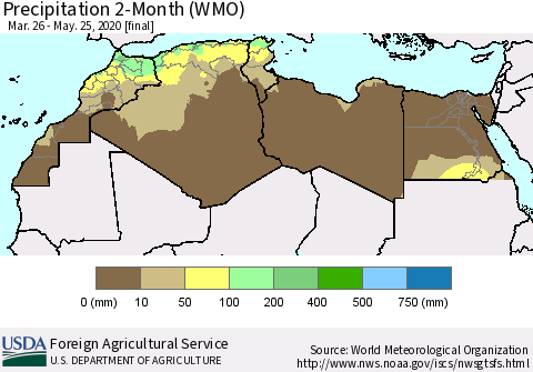 North Africa Precipitation 2-Month (WMO) Thematic Map For 3/26/2020 - 5/25/2020