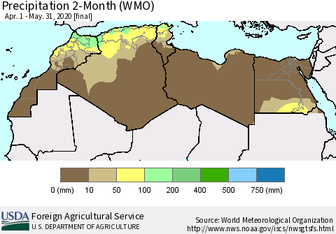 North Africa Precipitation 2-Month (WMO) Thematic Map For 4/1/2020 - 5/31/2020