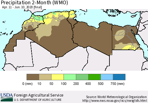 North Africa Precipitation 2-Month (WMO) Thematic Map For 4/11/2020 - 6/10/2020