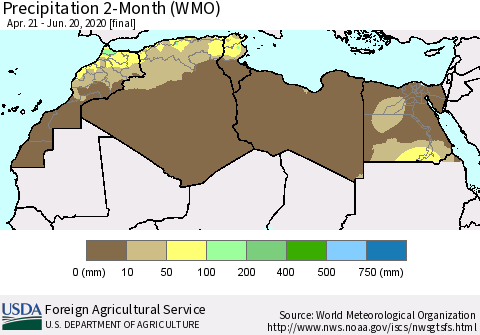 North Africa Precipitation 2-Month (WMO) Thematic Map For 4/21/2020 - 6/20/2020