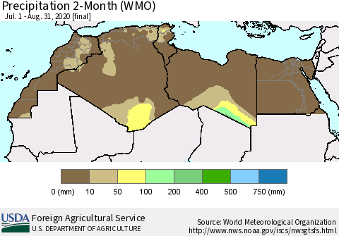North Africa Precipitation 2-Month (WMO) Thematic Map For 7/1/2020 - 8/31/2020