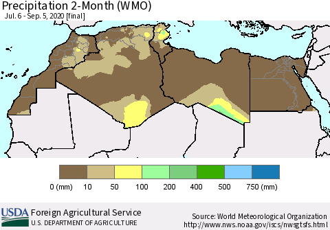 North Africa Precipitation 2-Month (WMO) Thematic Map For 7/6/2020 - 9/5/2020