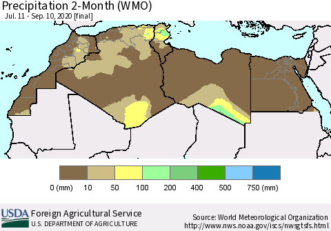 North Africa Precipitation 2-Month (WMO) Thematic Map For 7/11/2020 - 9/10/2020