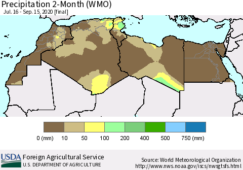 North Africa Precipitation 2-Month (WMO) Thematic Map For 7/16/2020 - 9/15/2020