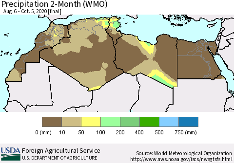 North Africa Precipitation 2-Month (WMO) Thematic Map For 8/6/2020 - 10/5/2020