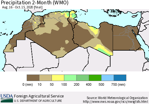 North Africa Precipitation 2-Month (WMO) Thematic Map For 8/16/2020 - 10/15/2020