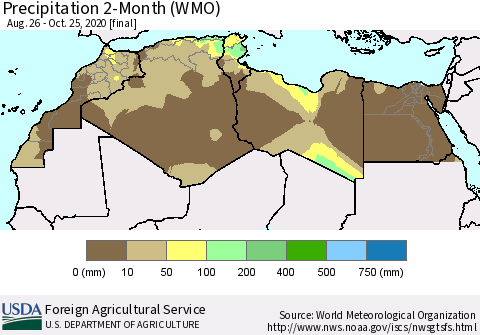 North Africa Precipitation 2-Month (WMO) Thematic Map For 8/26/2020 - 10/25/2020