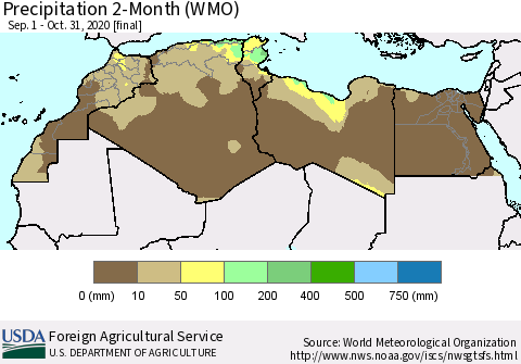 North Africa Precipitation 2-Month (WMO) Thematic Map For 9/1/2020 - 10/31/2020