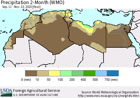 North Africa Precipitation 2-Month (WMO) Thematic Map For 9/11/2020 - 11/10/2020