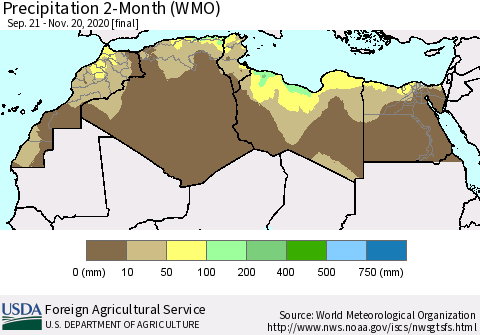 North Africa Precipitation 2-Month (WMO) Thematic Map For 9/21/2020 - 11/20/2020
