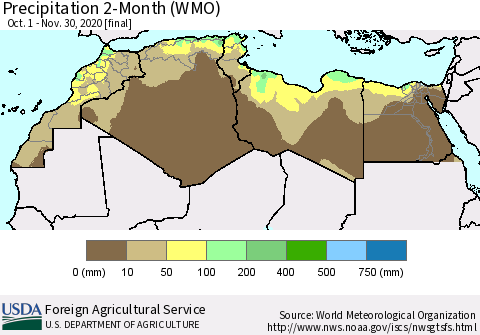 North Africa Precipitation 2-Month (WMO) Thematic Map For 10/1/2020 - 11/30/2020