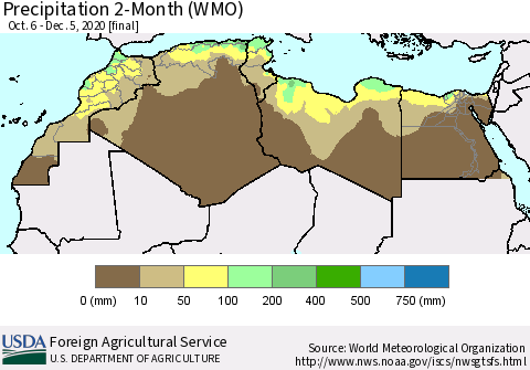 North Africa Precipitation 2-Month (WMO) Thematic Map For 10/6/2020 - 12/5/2020