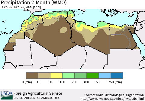 North Africa Precipitation 2-Month (WMO) Thematic Map For 10/26/2020 - 12/25/2020