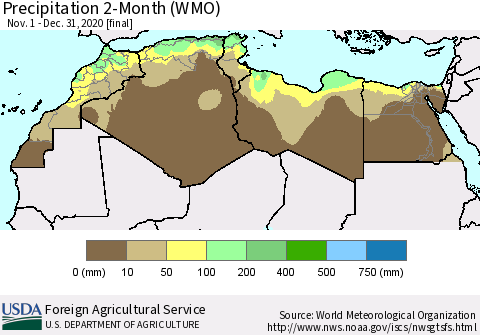 North Africa Precipitation 2-Month (WMO) Thematic Map For 11/1/2020 - 12/31/2020