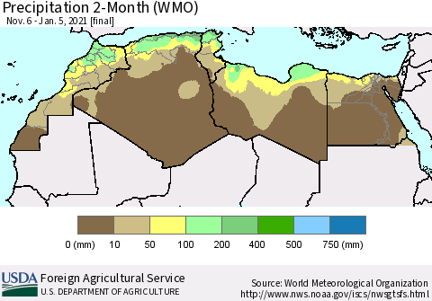 North Africa Precipitation 2-Month (WMO) Thematic Map For 11/6/2020 - 1/5/2021