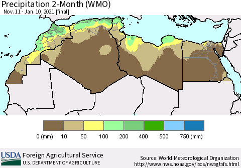 North Africa Precipitation 2-Month (WMO) Thematic Map For 11/11/2020 - 1/10/2021
