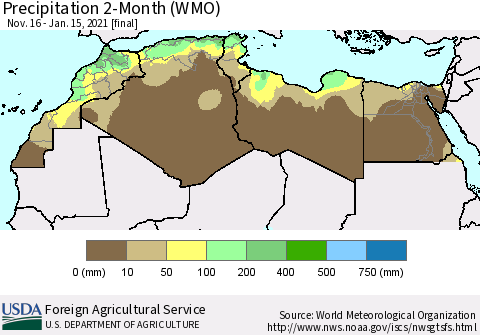 North Africa Precipitation 2-Month (WMO) Thematic Map For 11/16/2020 - 1/15/2021