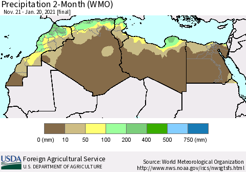 North Africa Precipitation 2-Month (WMO) Thematic Map For 11/21/2020 - 1/20/2021