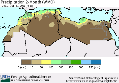 North Africa Precipitation 2-Month (WMO) Thematic Map For 12/1/2020 - 1/31/2021