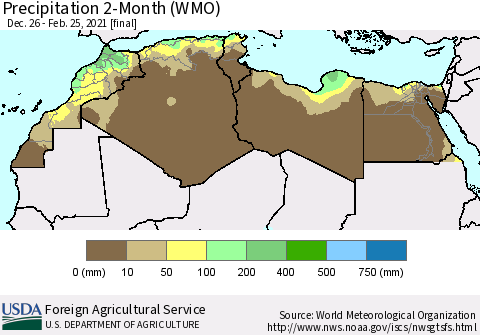 North Africa Precipitation 2-Month (WMO) Thematic Map For 12/26/2020 - 2/25/2021