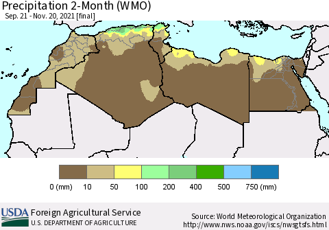 North Africa Precipitation 2-Month (WMO) Thematic Map For 9/21/2021 - 11/20/2021