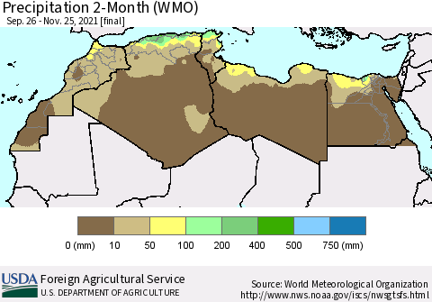 North Africa Precipitation 2-Month (WMO) Thematic Map For 9/26/2021 - 11/25/2021