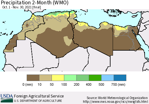North Africa Precipitation 2-Month (WMO) Thematic Map For 10/1/2021 - 11/30/2021