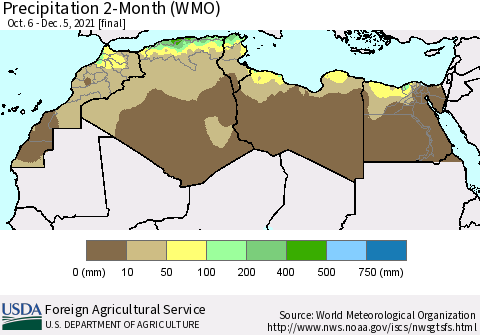 North Africa Precipitation 2-Month (WMO) Thematic Map For 10/6/2021 - 12/5/2021