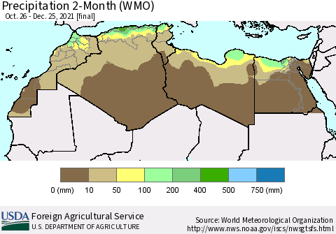 North Africa Precipitation 2-Month (WMO) Thematic Map For 10/26/2021 - 12/25/2021