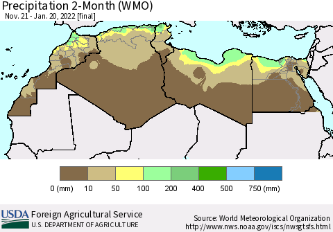 North Africa Precipitation 2-Month (WMO) Thematic Map For 11/21/2021 - 1/20/2022