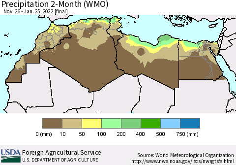 North Africa Precipitation 2-Month (WMO) Thematic Map For 11/26/2021 - 1/25/2022