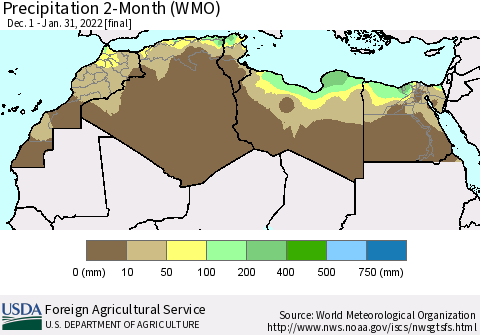 North Africa Precipitation 2-Month (WMO) Thematic Map For 12/1/2021 - 1/31/2022