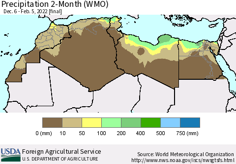 North Africa Precipitation 2-Month (WMO) Thematic Map For 12/6/2021 - 2/5/2022