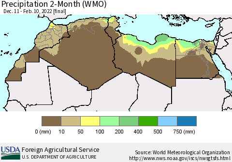 North Africa Precipitation 2-Month (WMO) Thematic Map For 12/11/2021 - 2/10/2022
