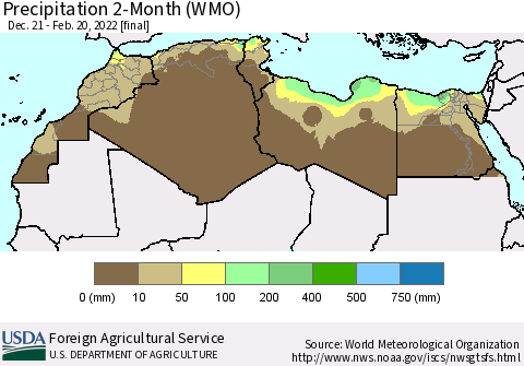 North Africa Precipitation 2-Month (WMO) Thematic Map For 12/21/2021 - 2/20/2022