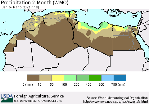 North Africa Precipitation 2-Month (WMO) Thematic Map For 1/6/2022 - 3/5/2022