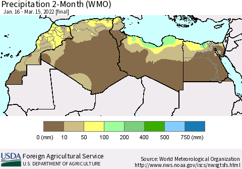 North Africa Precipitation 2-Month (WMO) Thematic Map For 1/16/2022 - 3/15/2022