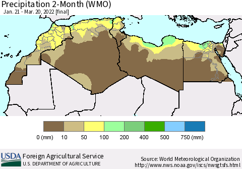 North Africa Precipitation 2-Month (WMO) Thematic Map For 1/21/2022 - 3/20/2022