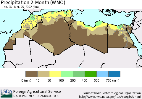 North Africa Precipitation 2-Month (WMO) Thematic Map For 1/26/2022 - 3/25/2022