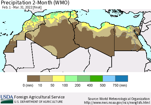 North Africa Precipitation 2-Month (WMO) Thematic Map For 2/1/2022 - 3/31/2022