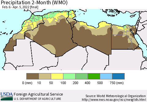 North Africa Precipitation 2-Month (WMO) Thematic Map For 2/6/2022 - 4/5/2022