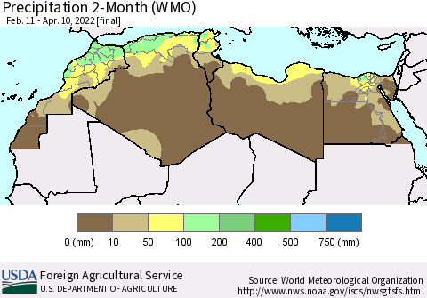 North Africa Precipitation 2-Month (WMO) Thematic Map For 2/11/2022 - 4/10/2022