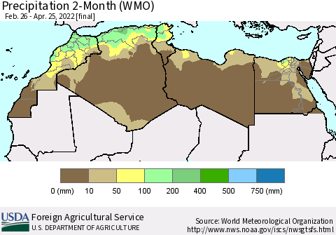 North Africa Precipitation 2-Month (WMO) Thematic Map For 2/26/2022 - 4/25/2022
