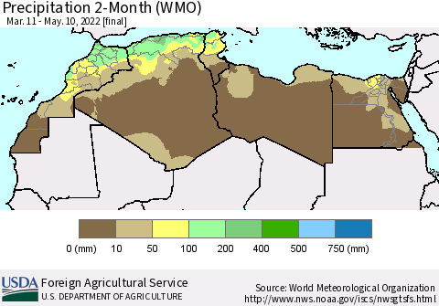 North Africa Precipitation 2-Month (WMO) Thematic Map For 3/11/2022 - 5/10/2022