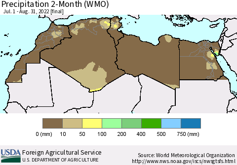 North Africa Precipitation 2-Month (WMO) Thematic Map For 7/1/2022 - 8/31/2022