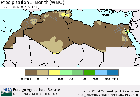 North Africa Precipitation 2-Month (WMO) Thematic Map For 7/11/2022 - 9/10/2022